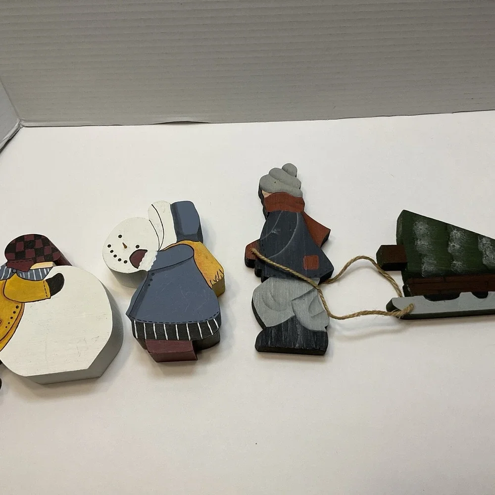 Vintage Christmas‎ Handmade Wooden Folk Art Kids Building Snowman & Pulling Tree
